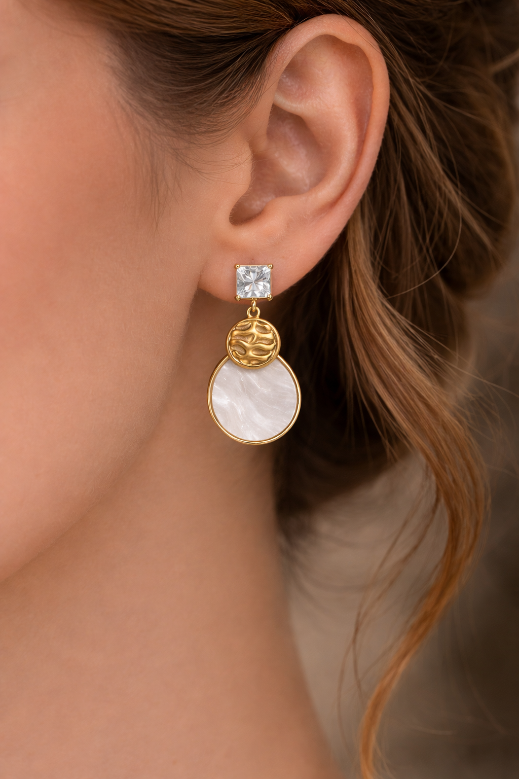 Kriki Luna Pearl Drop Statement Earrings in Gold with Pearl White Oval Drop
