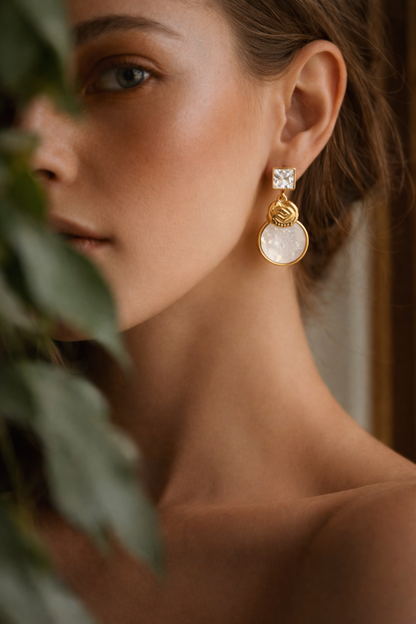 Kriki Luna Pearl Drop Statement Earrings in Gold with Pearl White Oval Drop